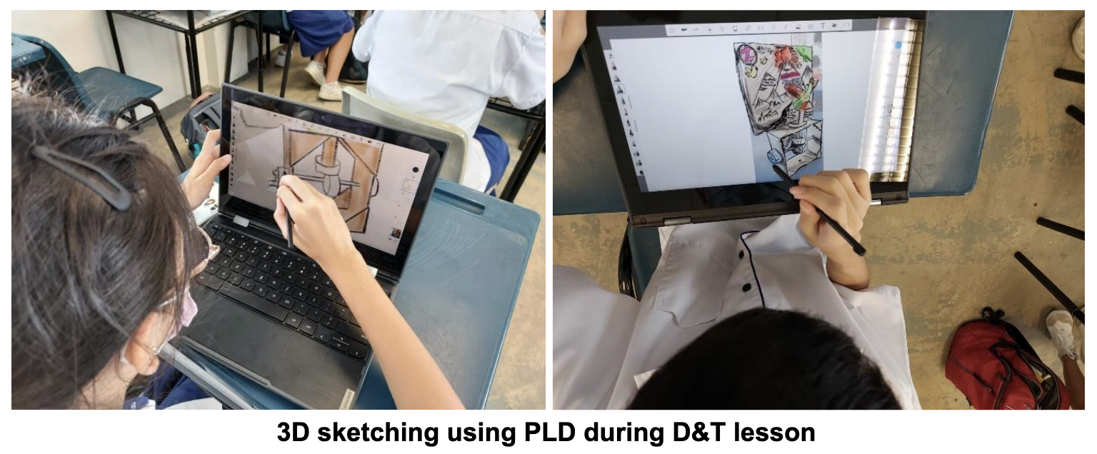 Two students use styluses on laptop touchscreens to create 3D sketches during a Design and Technology lesson.